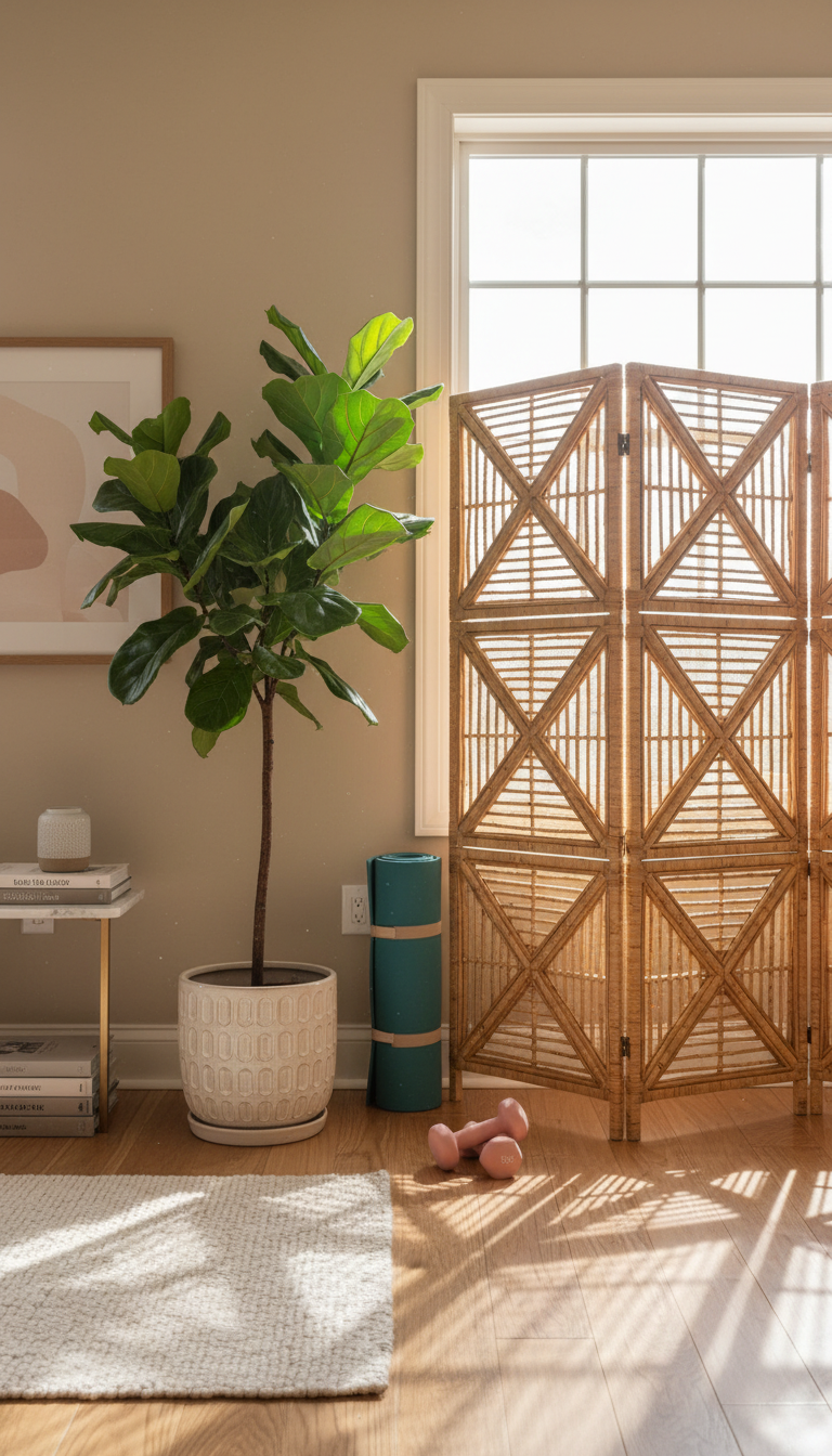 1. The Hidden Workout Nook with a Decorative Screen