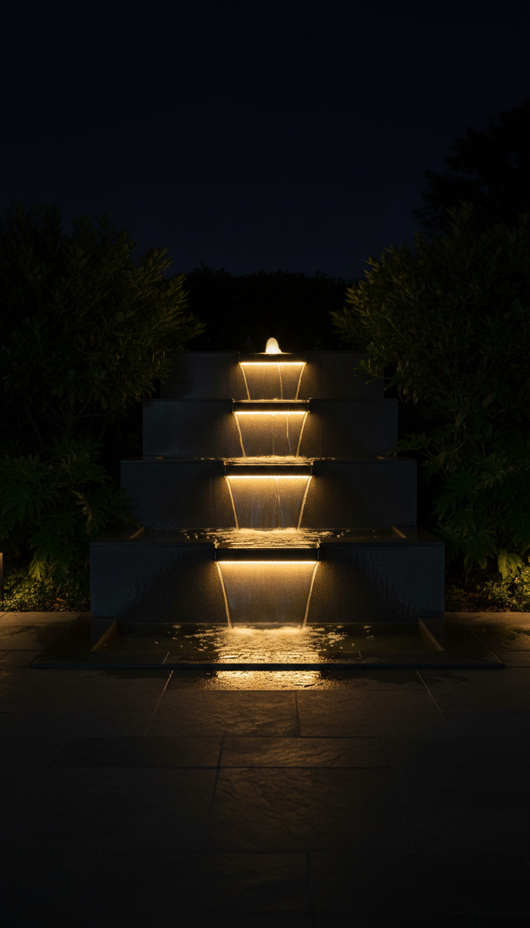9. The Dramatic LED-Lit Fountain for Nighttime Ambiance