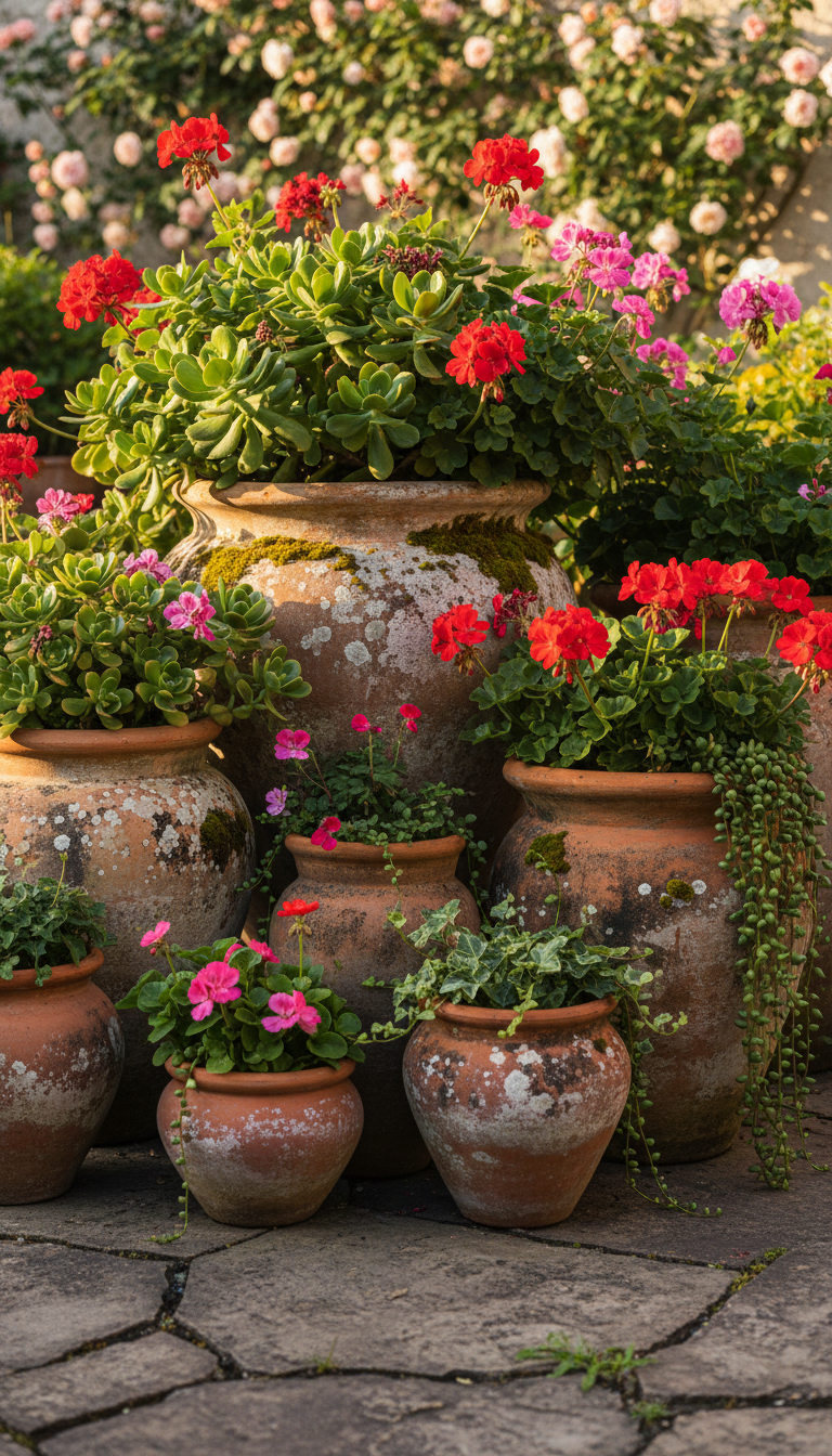 8. Group Aged Terracotta Pots for a Classic Look
