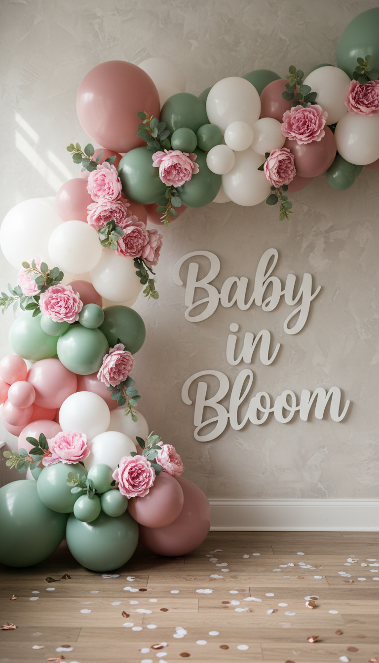 6. Playful Balloon Garland with Floral Accents
