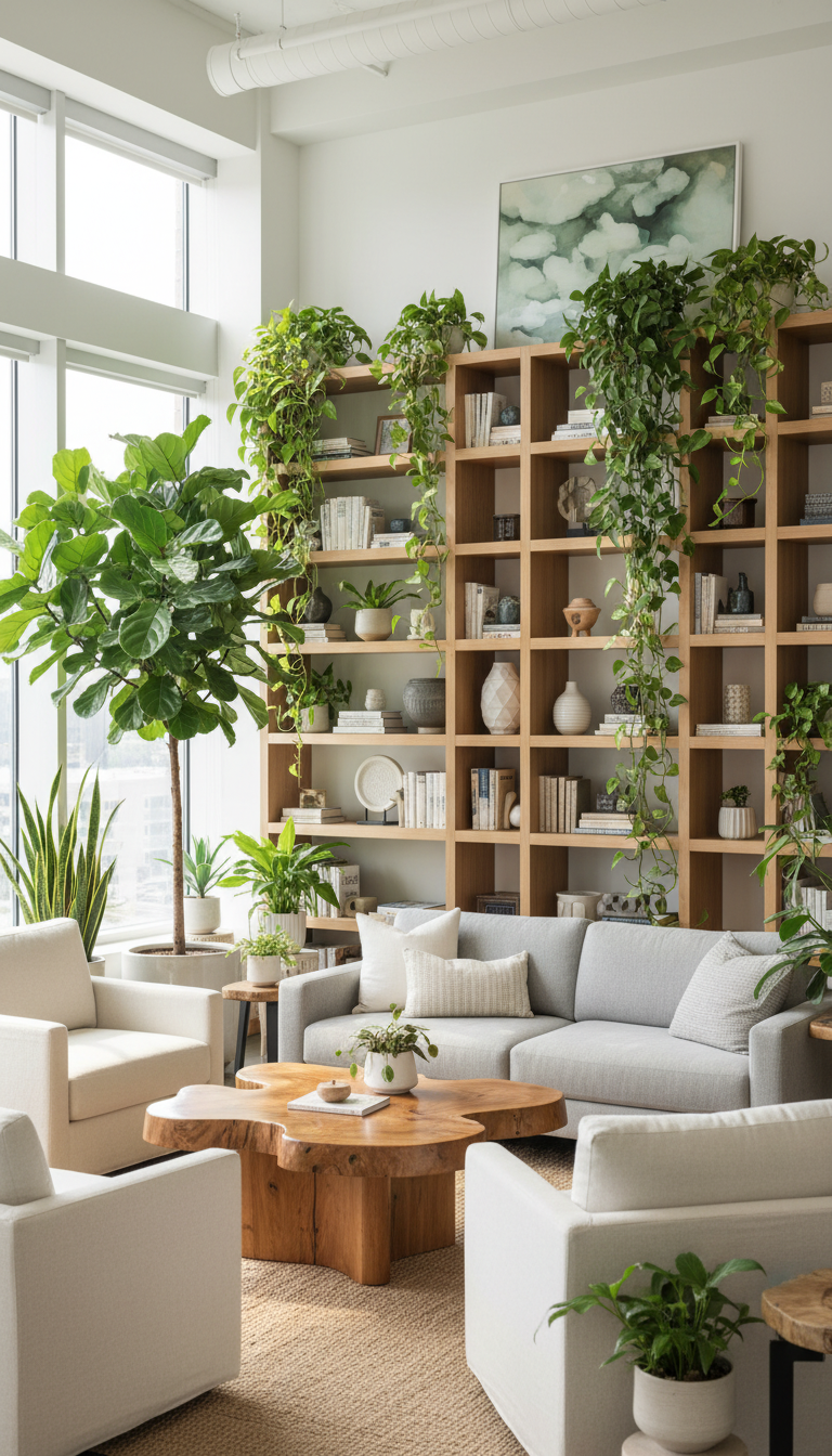 5. Biophilic Design with Plants & Natural Wood