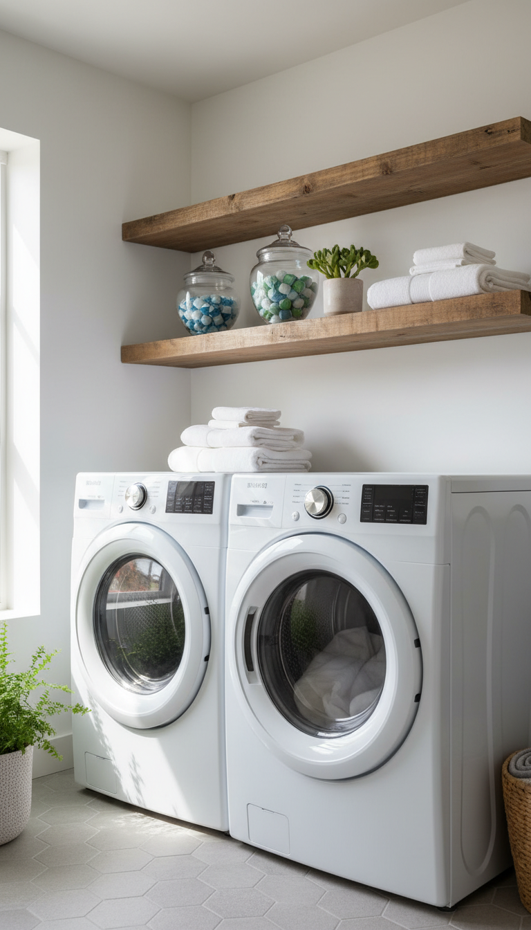 2. Add Warmth with Floating Shelves