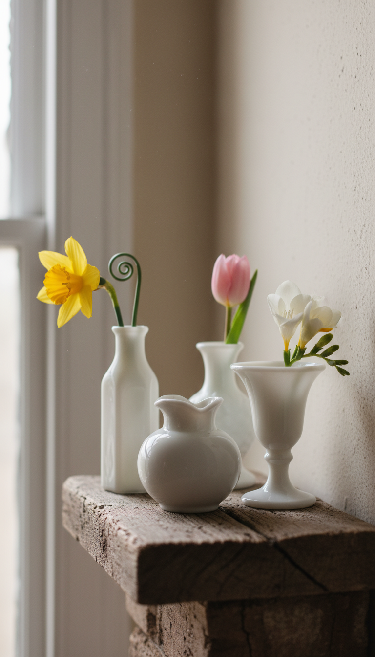 2. Display Single Stems in Milk Glass Vases
