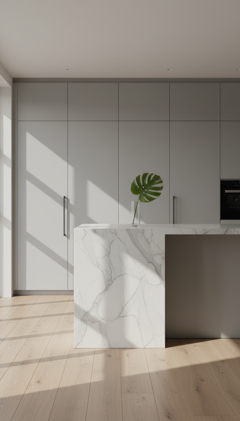 3. The Sleek & Modern Waterfall Island