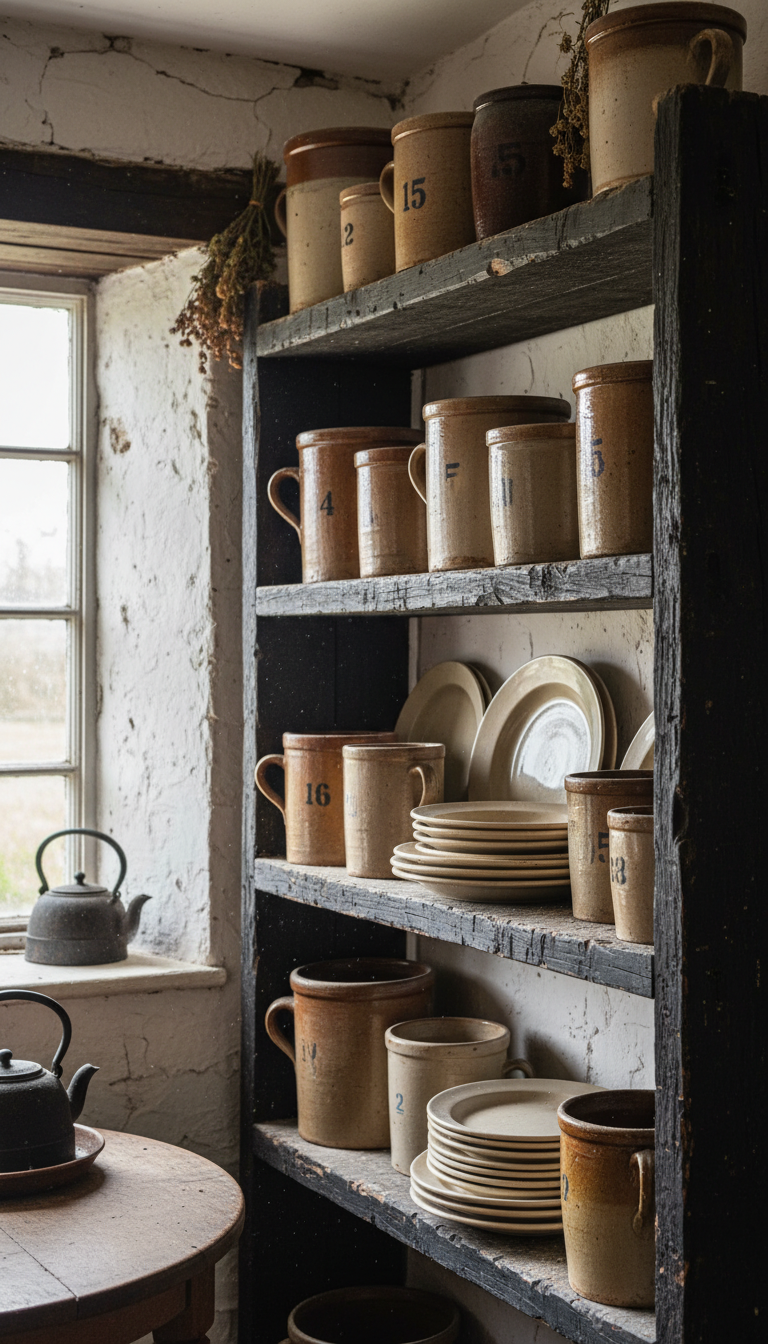 1. Embrace Open Shelving with Antique Stoneware
