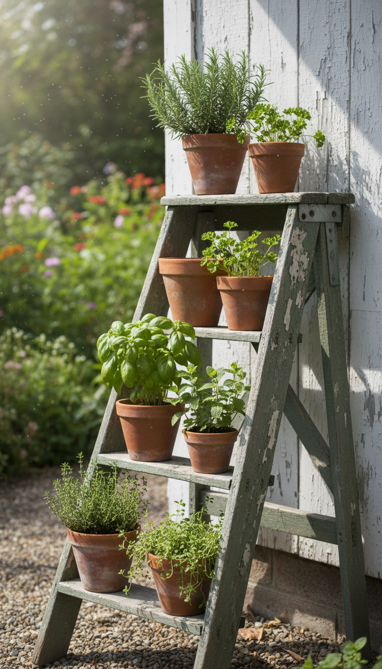 6. Repurpose an Old Ladder as a Vertical Planter