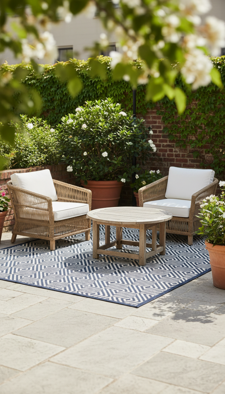 4. Define Zones with Stylish Outdoor Rugs