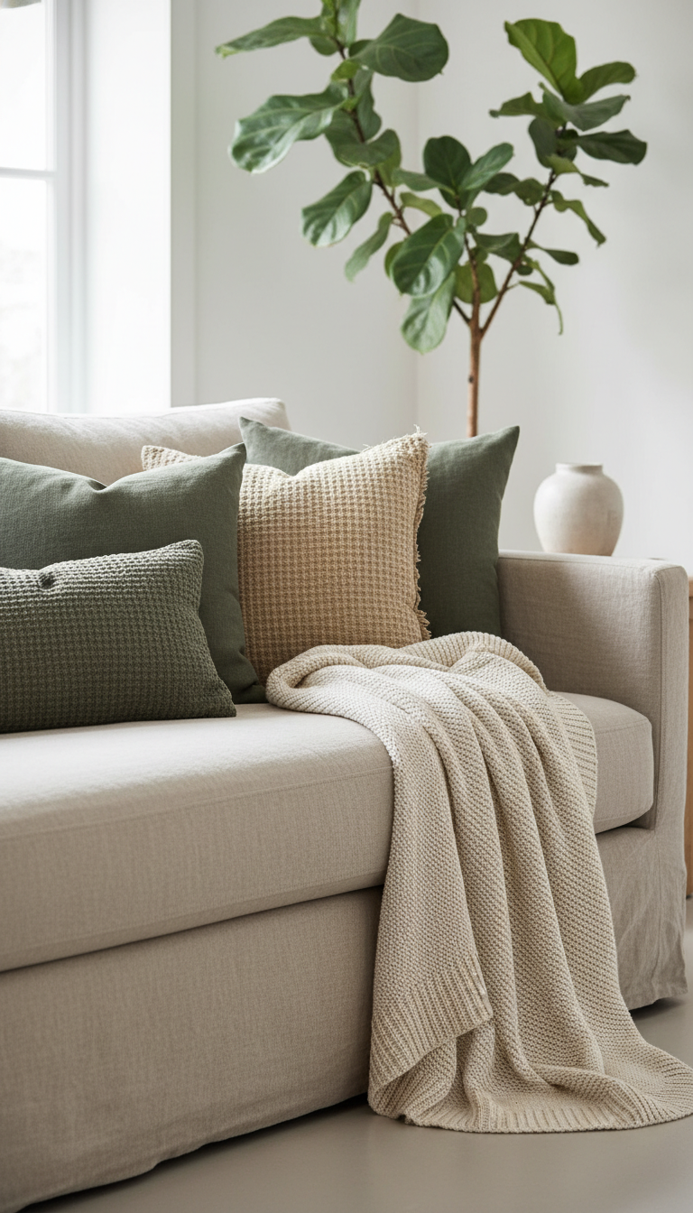 2. Textured Linen Throw Pillows & Blankets