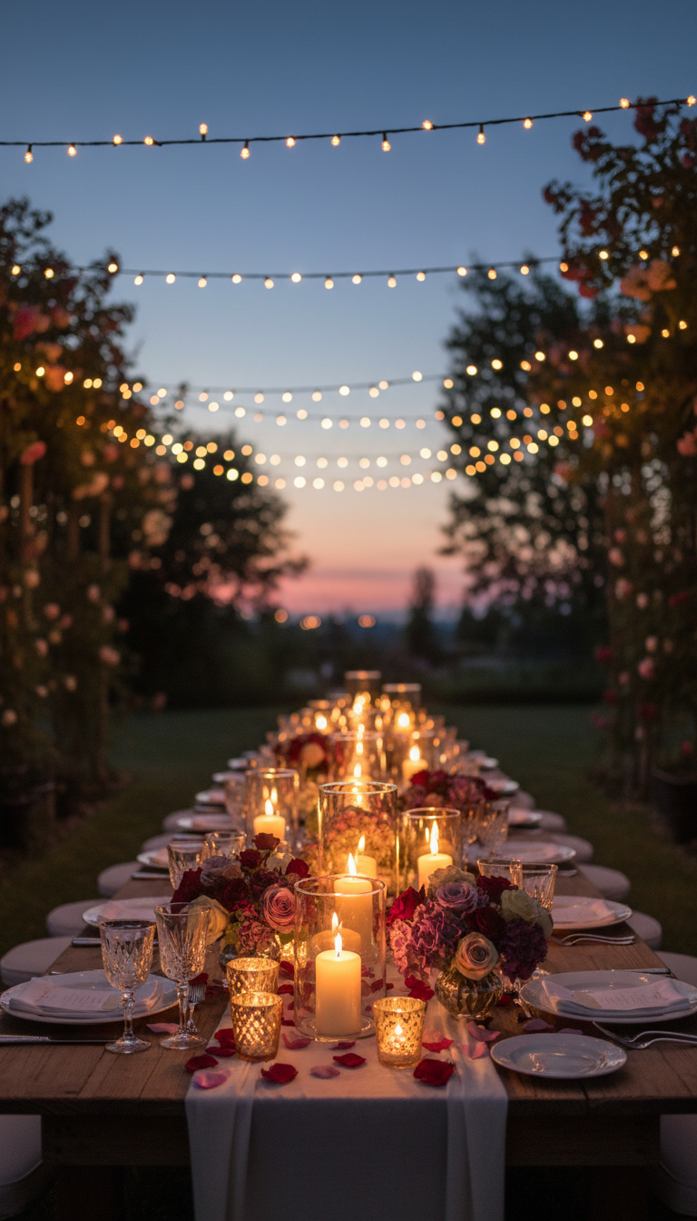 6. Romantic Twilight with Fairy Lights and Candles