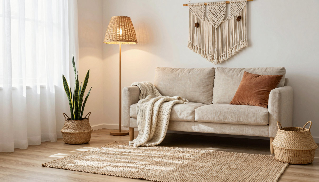 Cozy boho living room corner with jute rug, linen sofa, rattan lamp, macramé wall hanging, and potted plant