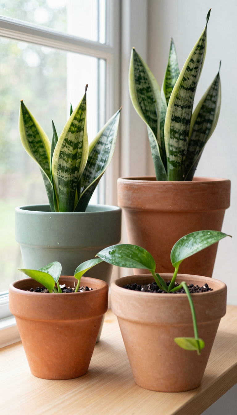 Painted terracotta pots in earthy tones with snake plants and pothos on light wood shelf