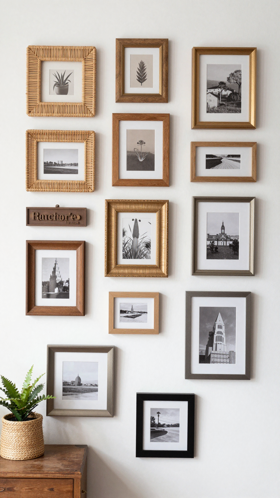 Boho gallery wall with mixed frame styles and art prints in neutral tones