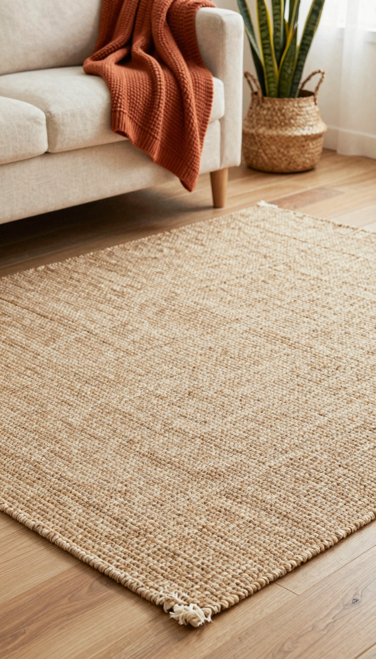 Handwoven jute rug with natural texture and neutral tones on light wood floor