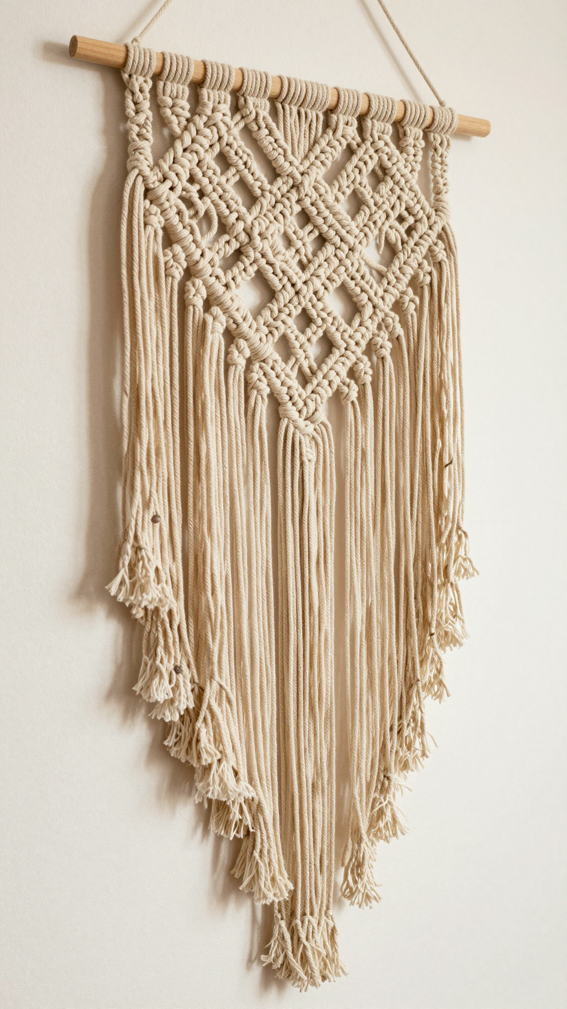 Macramé wall hanging with intricate knots and long fringe in neutral tones