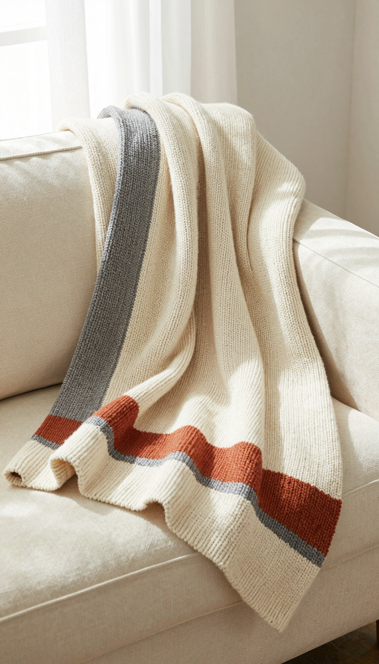 Chunky knit throw blanket in cream, gray, and terracotta stripes on linen sofa
