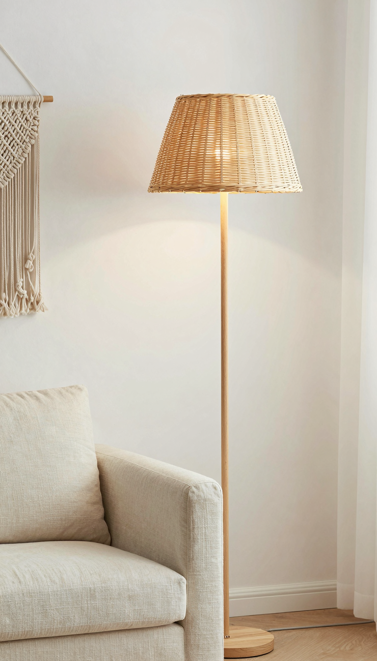 Rattan floor lamp with woven shade casting warm light in boho living room
