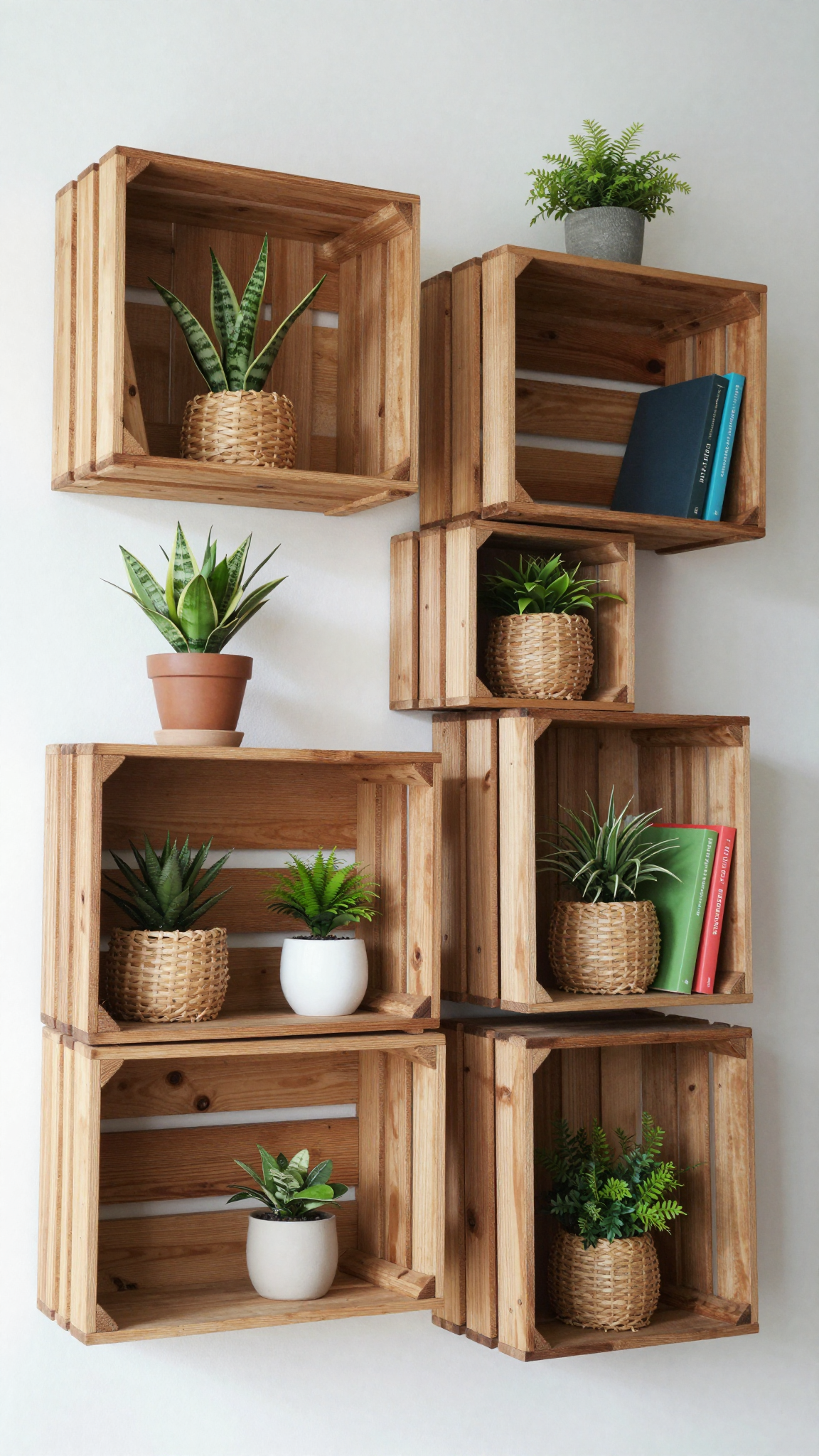 Upcycled wooden crate shelves with plants and books on white wall