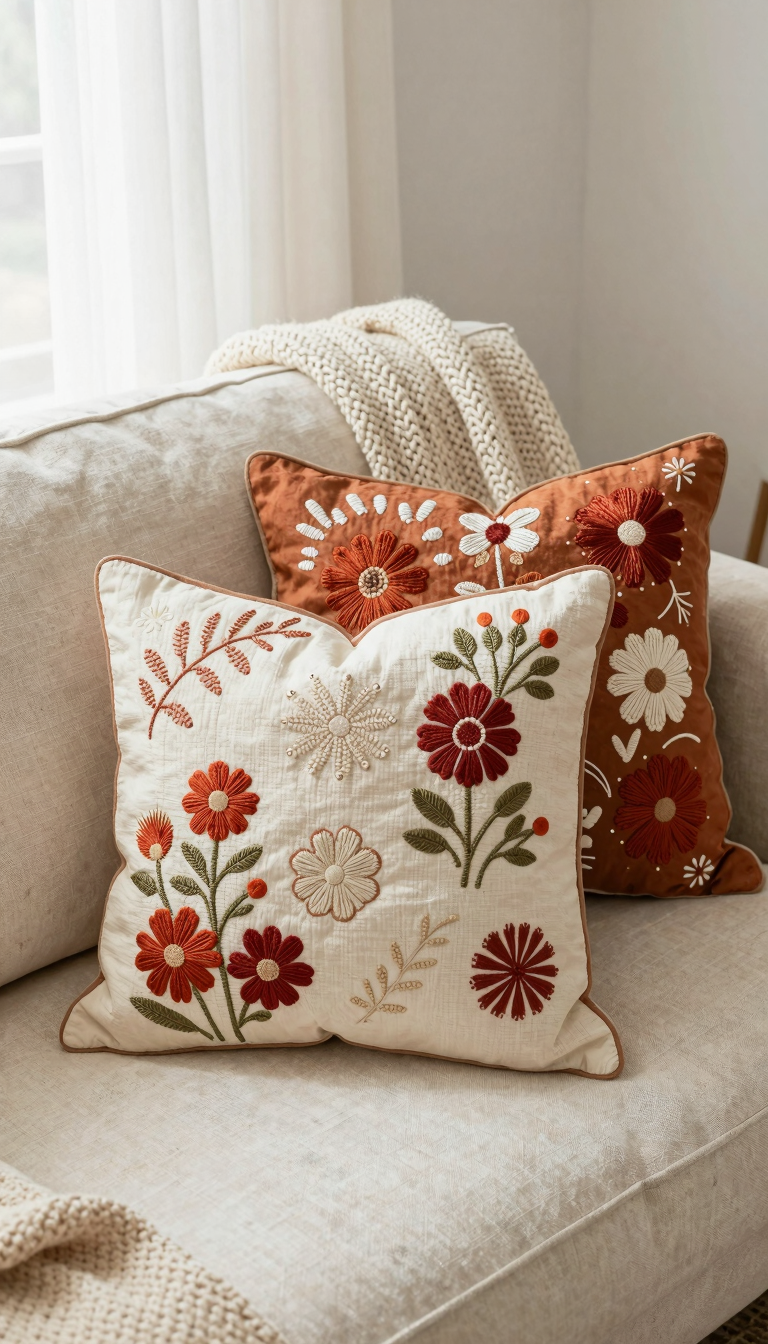 Embroidered pillow covers with boho floral design in terracotta and cream on linen sofa