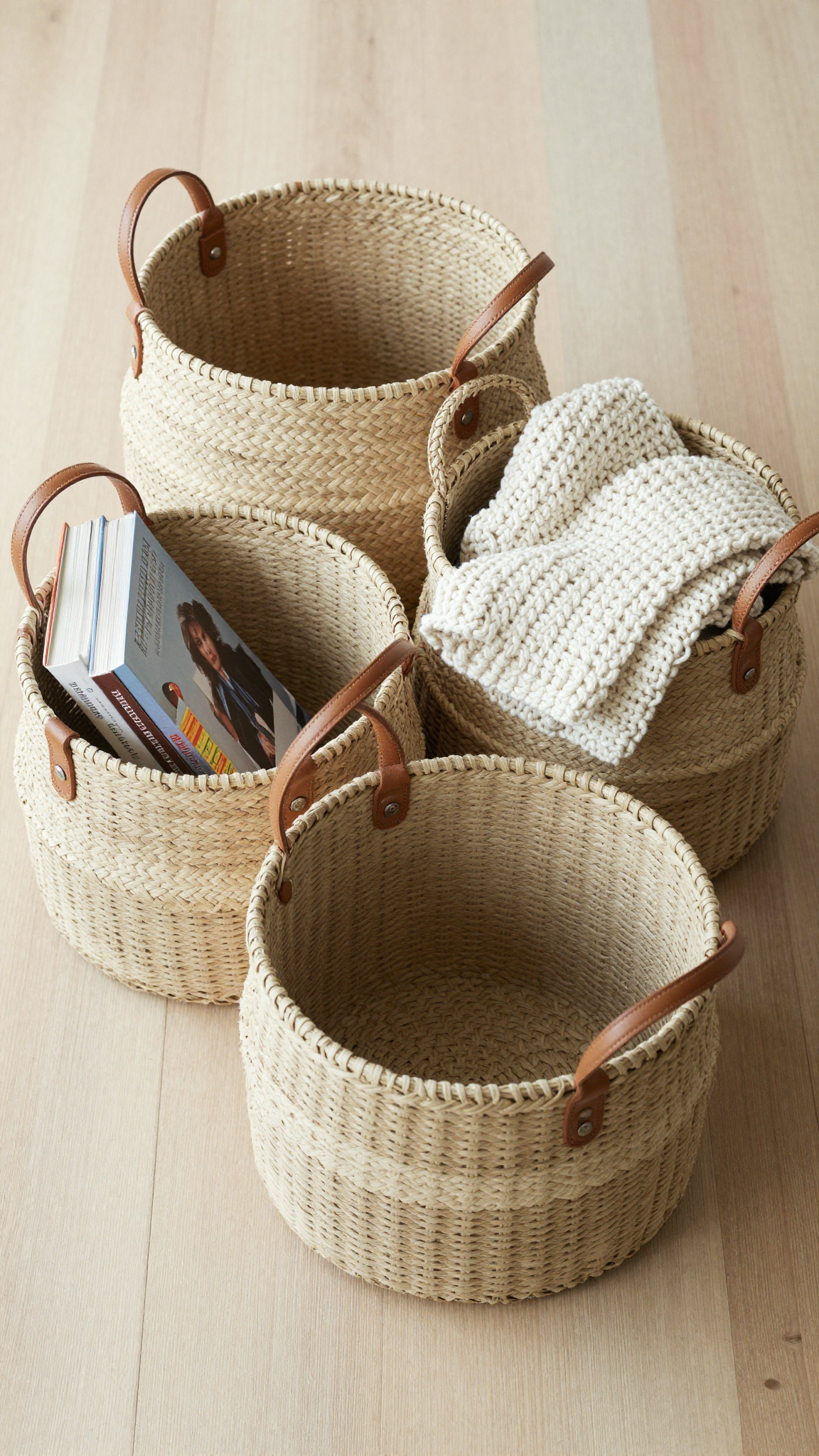 Woven basket storage set with leather handles in neutral tones for boho organization