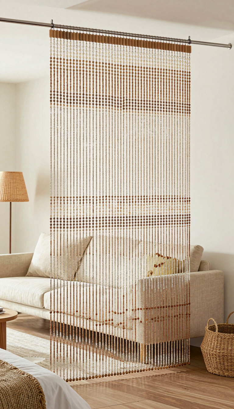 Beaded curtain room divider with wood and glass beads in neutral tones