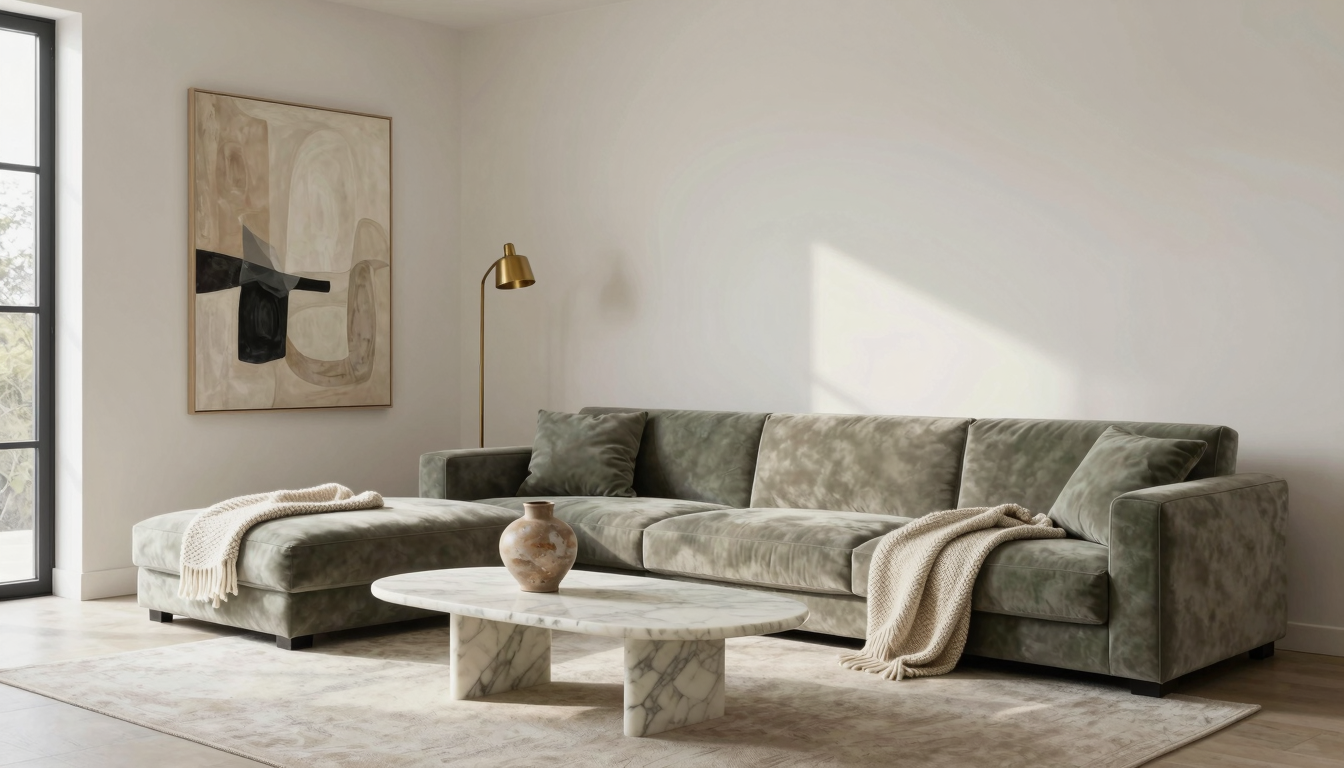 Minimalist luxury living room with sage green velvet sofa, marble coffee table, brass floor lamp, and abstract art