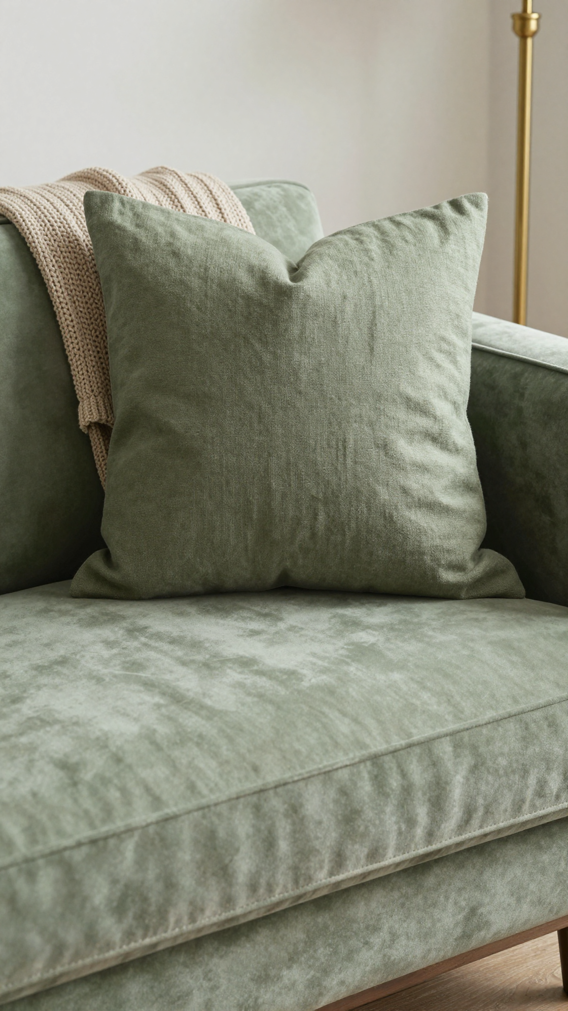 Linen throw pillow in muted olive green on a velvet sofa
