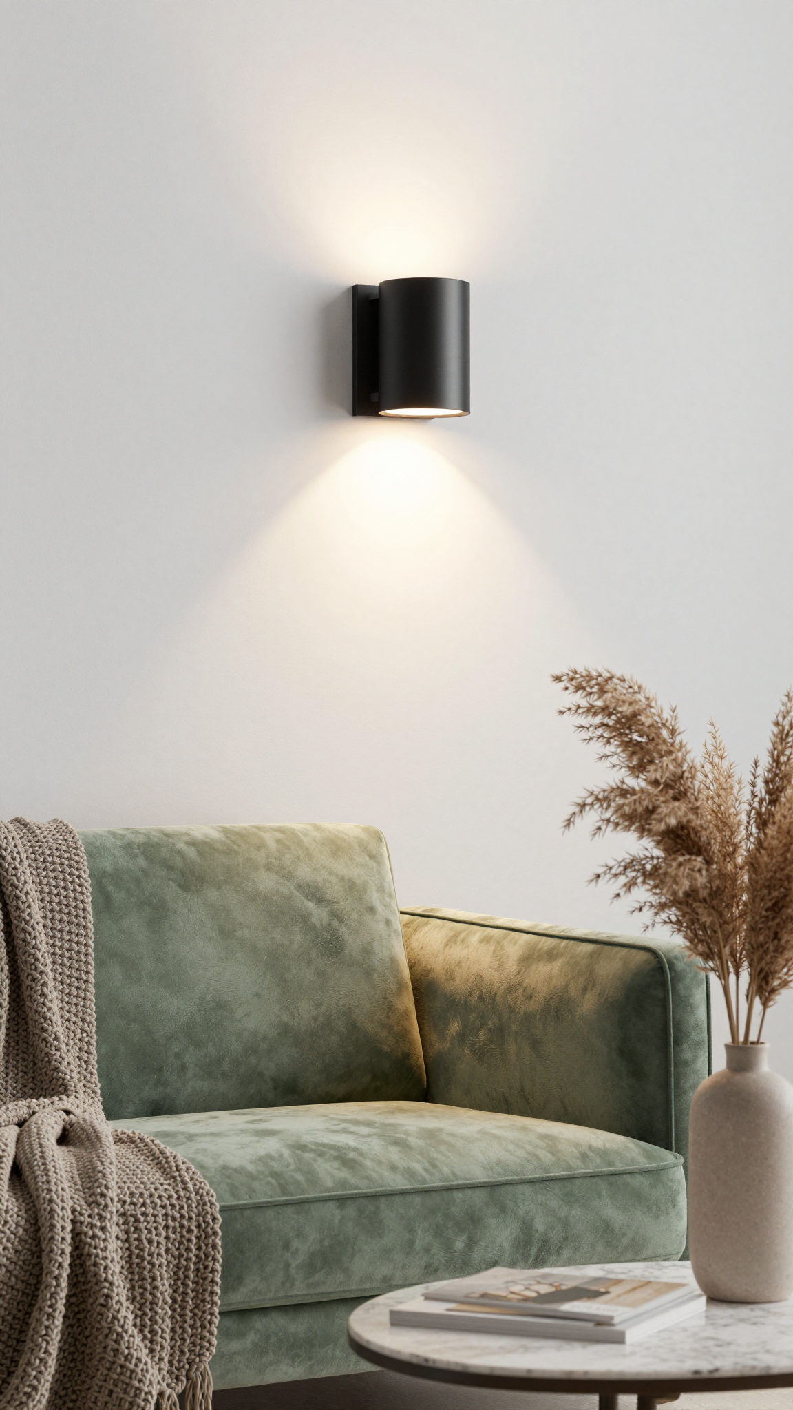 Matte black wall sconce with curved arm casting warm light on a velvet sofa