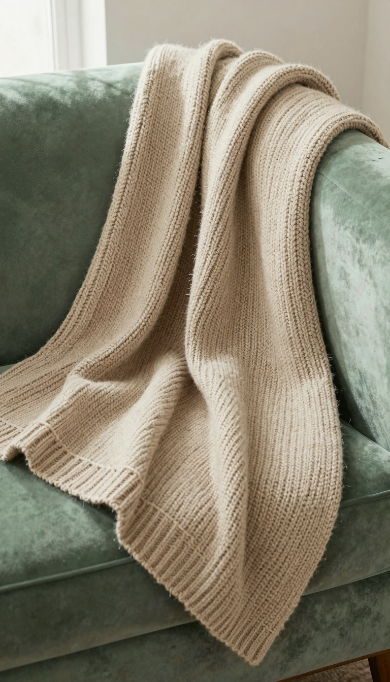 Chunky knit throw in oatmeal beige draped over a sage green velvet sofa