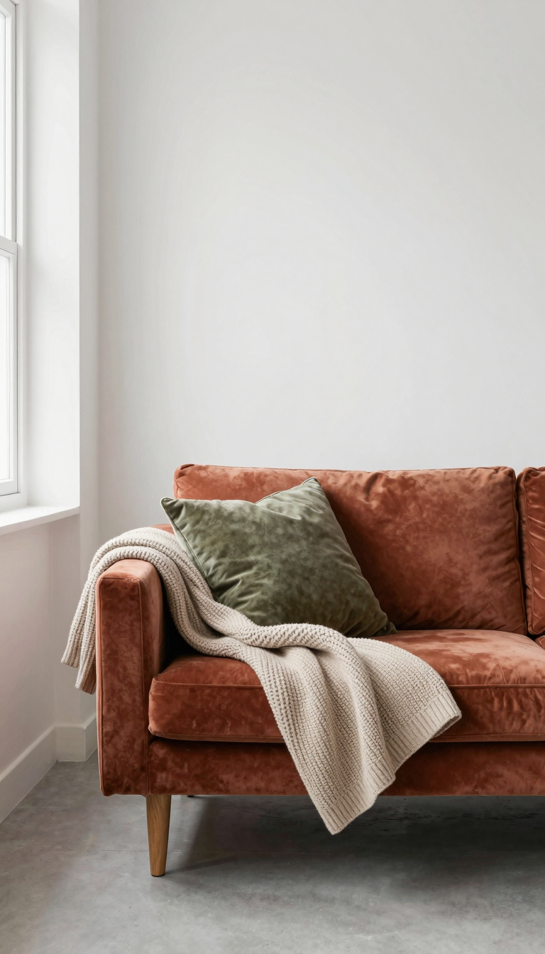 Low-profile velvet sofa in muted terracotta with tapered walnut legs