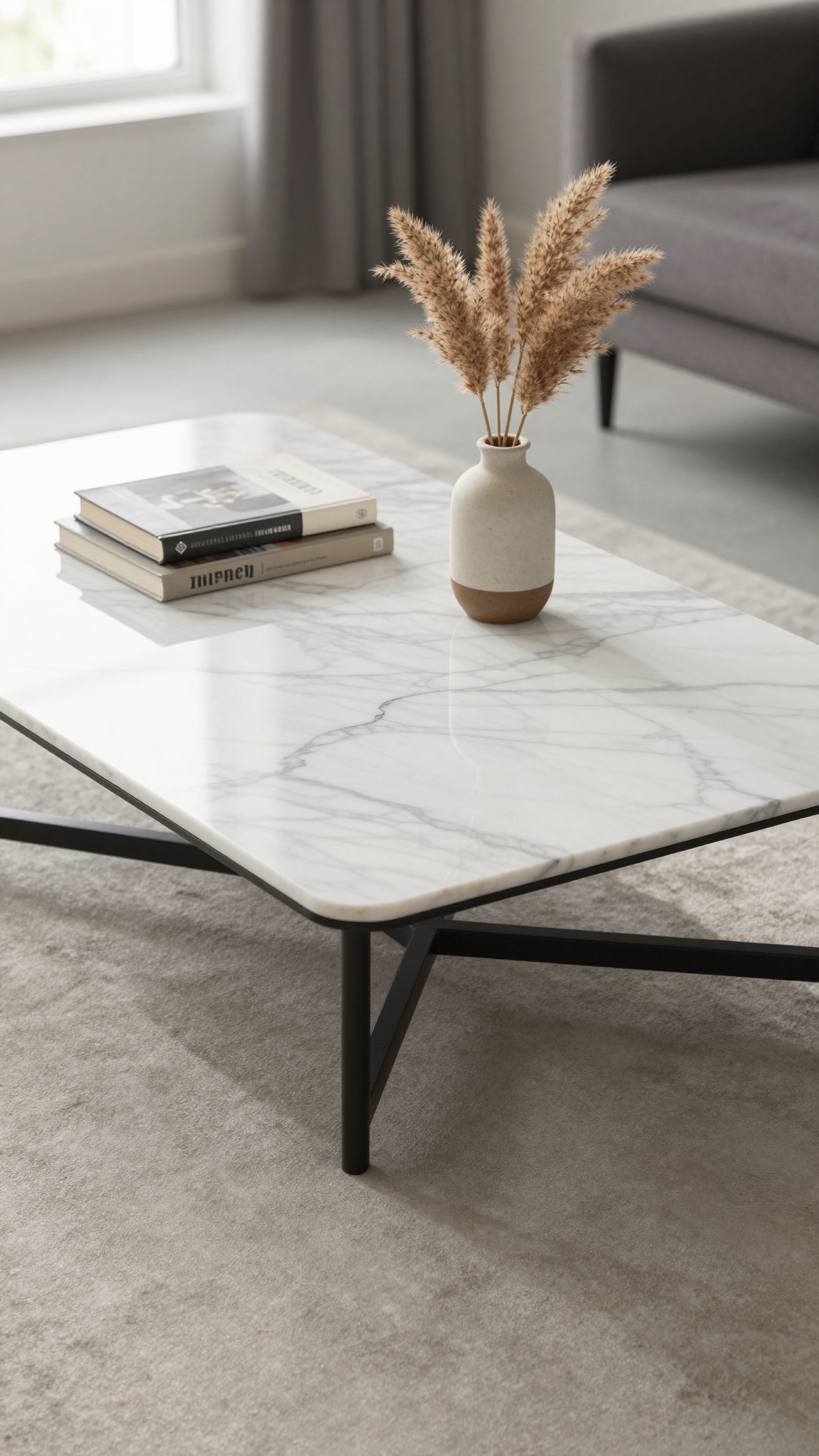 Marble coffee table with hairline cracks and matte black metal base