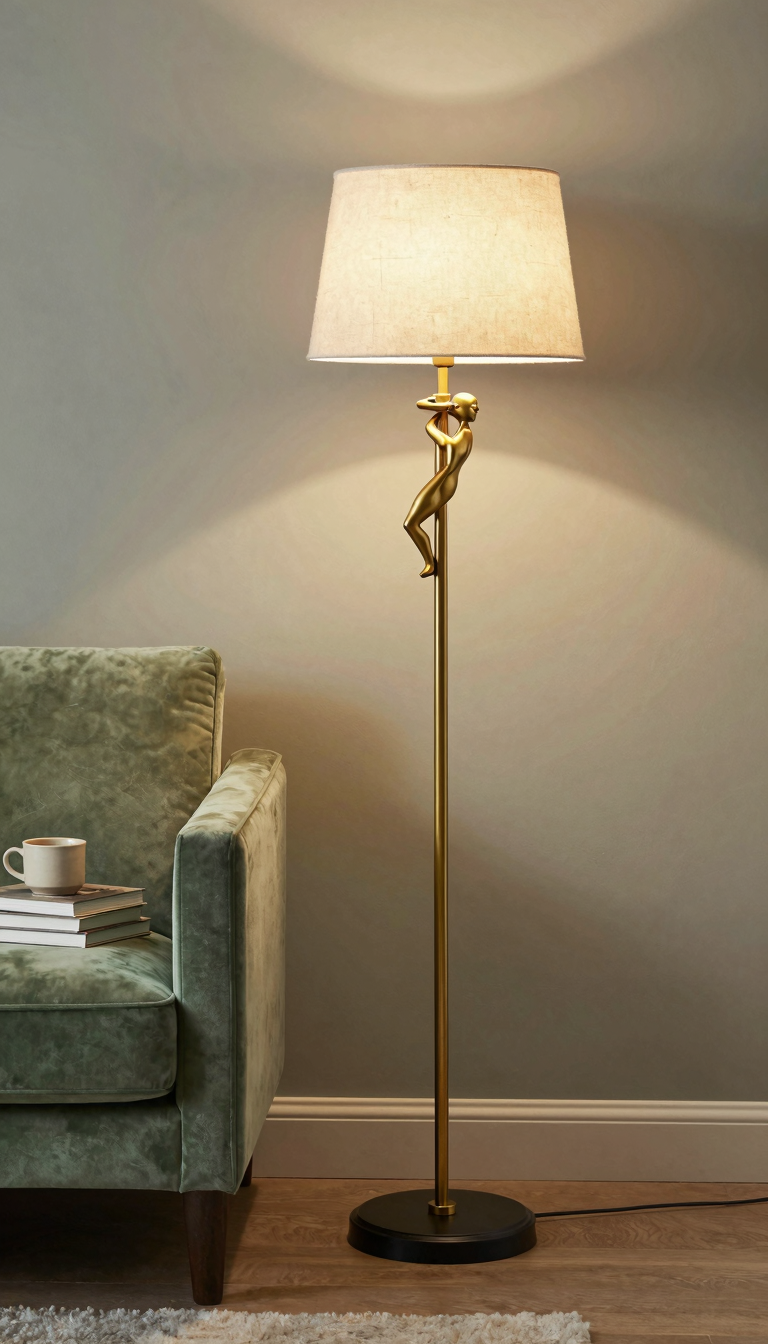 Sculptural brass floor lamp with curved arm and linen shade casting warm light