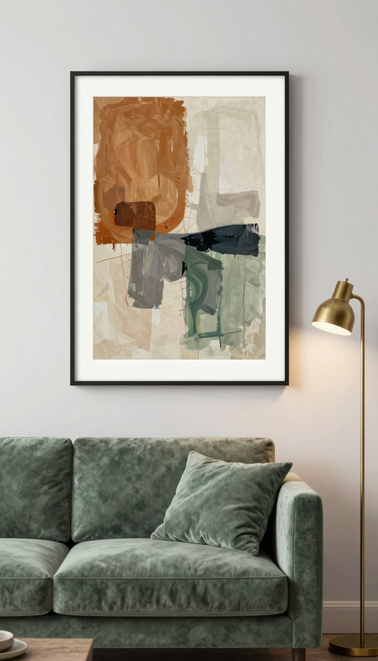 Abstract art print in earthy tones hanging above a velvet sofa