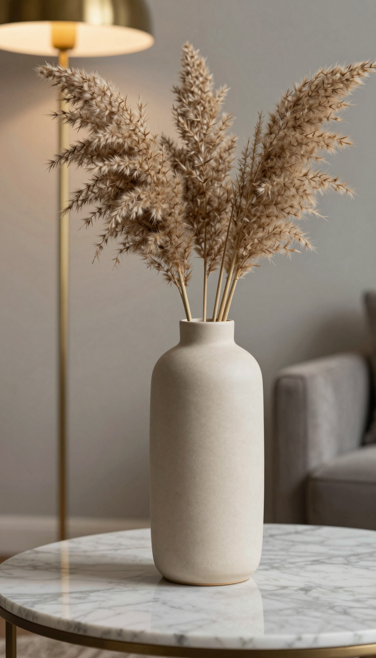 Ceramic vase in neutral glaze filled with dried pampas grass on a marble coffee table