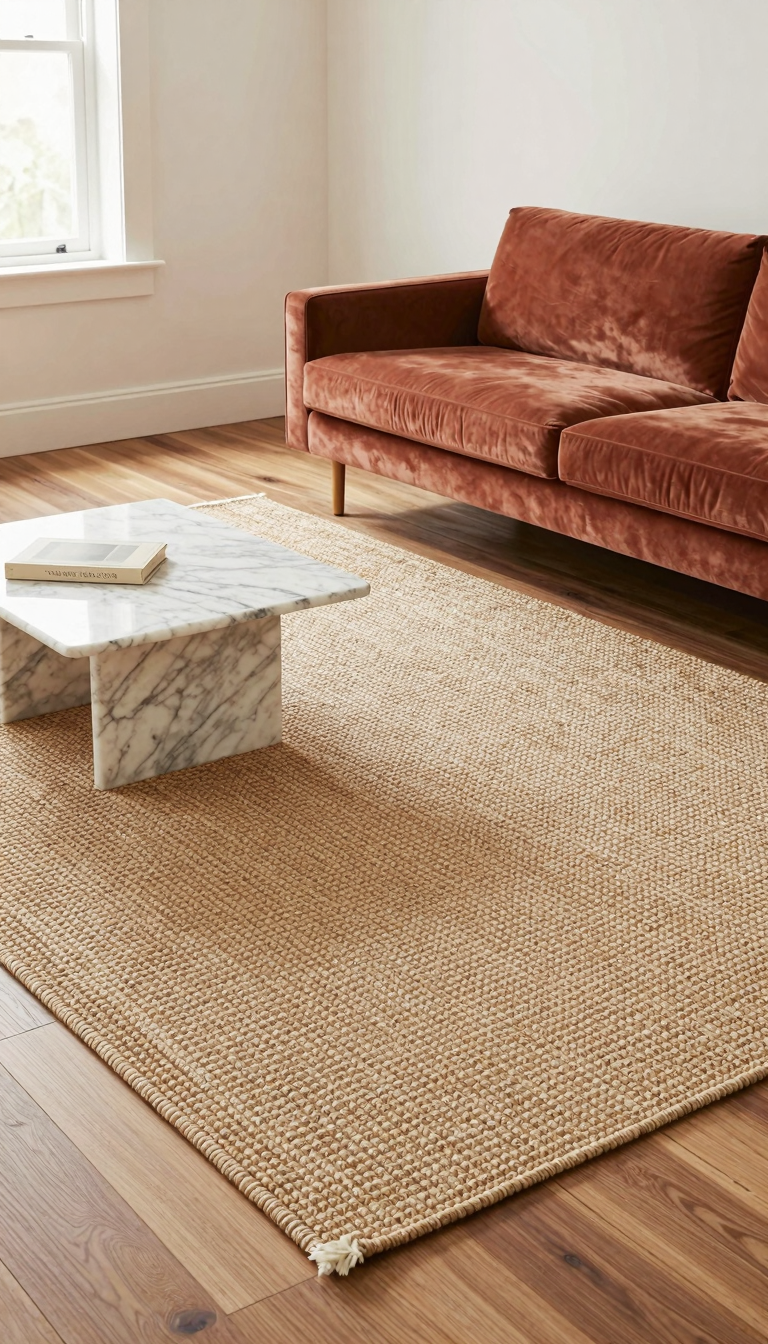 Woven jute area rug in natural tan with herringbone weave on hardwood floors