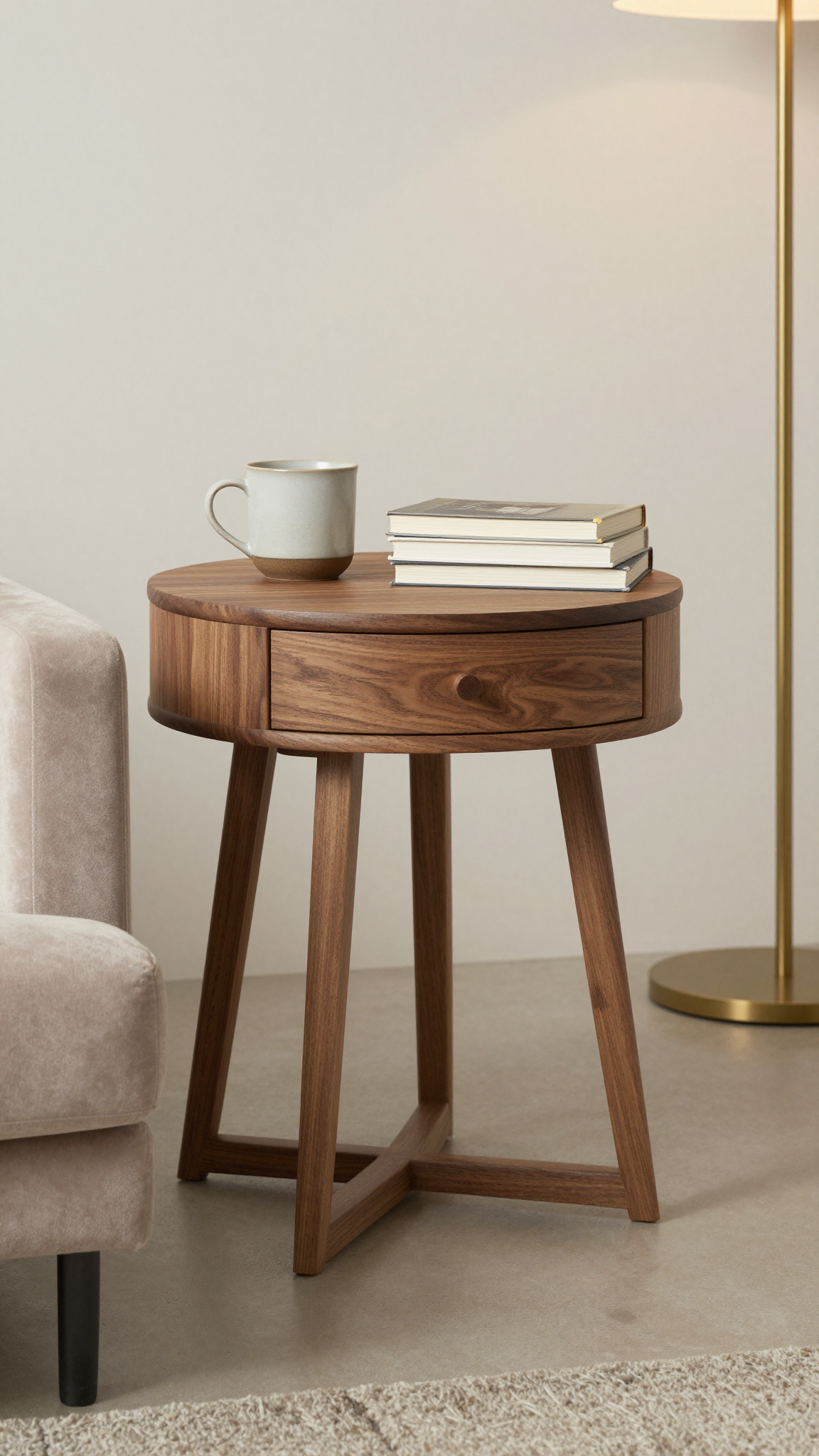 Minimalist wooden side table in warm walnut with round top and single drawer