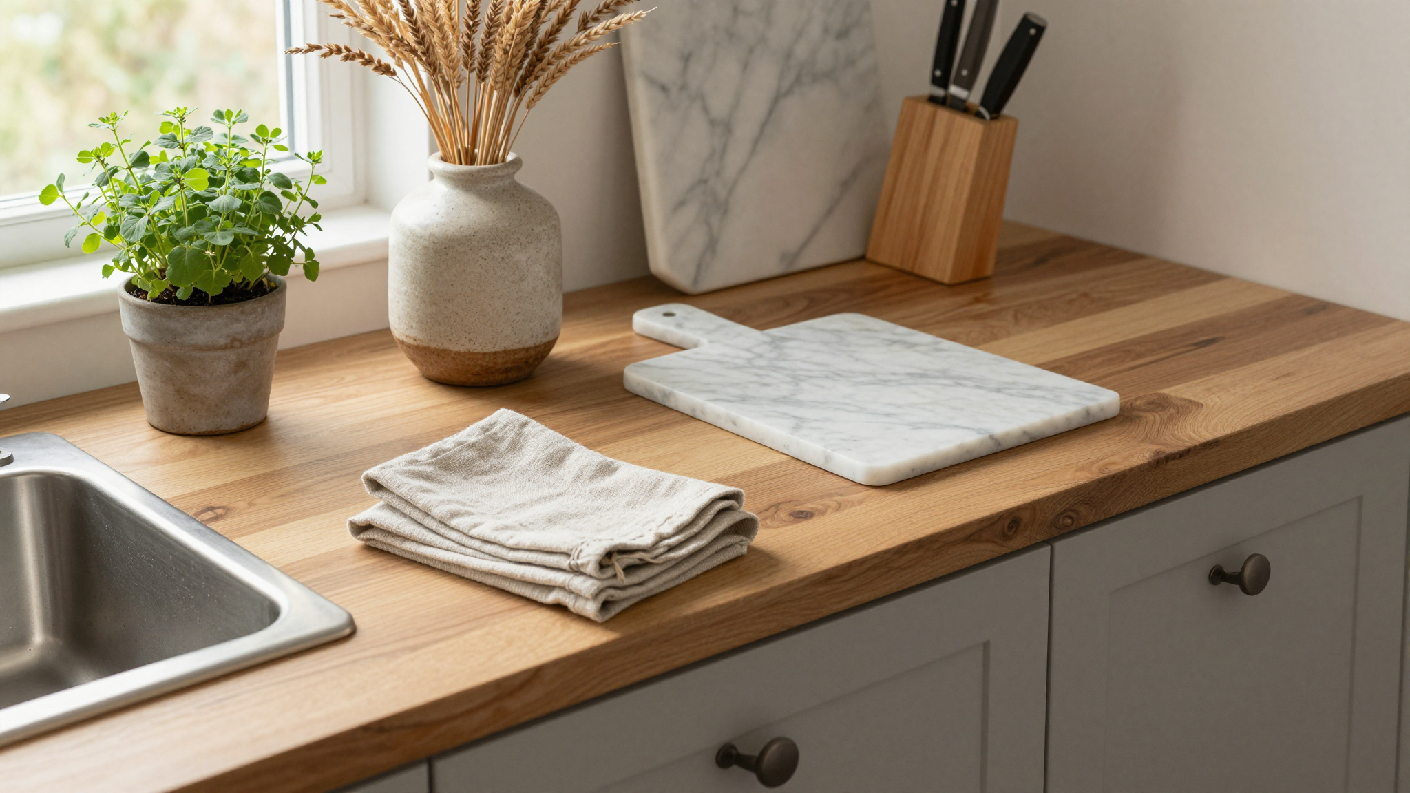 Overhead view of a stylish kitchen counter decorated with 13 kitchen counter decorating ideas including wooden spice racks, linen napkins, and a potted herb garden