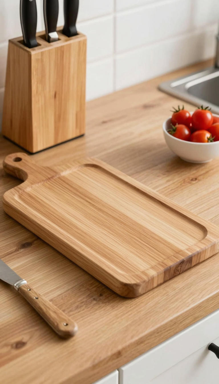 Wooden cutting board with juice groove on a wooden kitchen counter next to a knife block and a bowl of cherry tomatoes