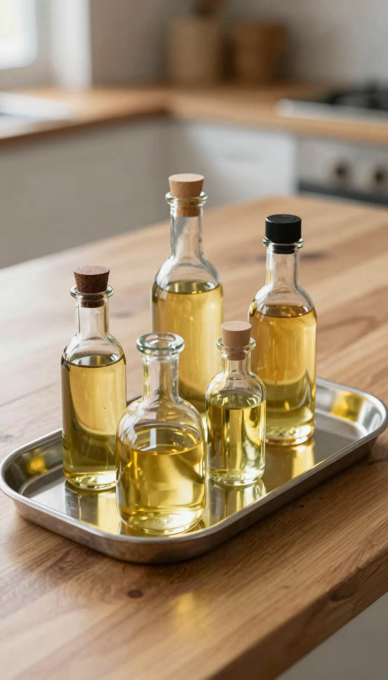 Metal tray holding small glass bottles of oils and vinegars on a wooden kitchen counter