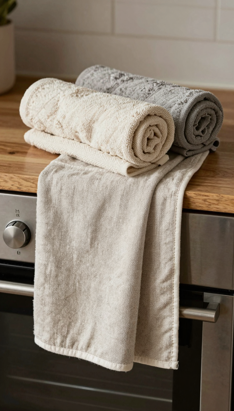 Linen towel set with two rolled towels and two draped over an oven handle on a wooden kitchen counter