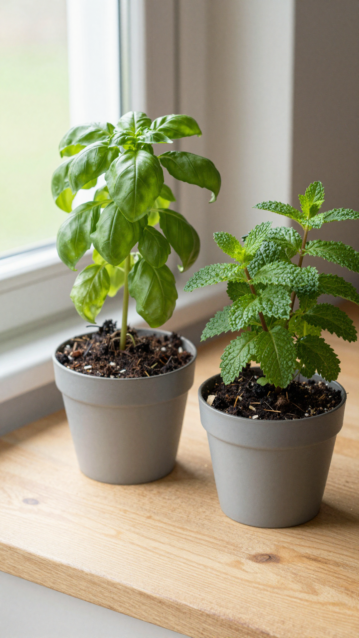 Small potted herb garden with basil, mint, and parsley on a wooden kitchen counter next to a window