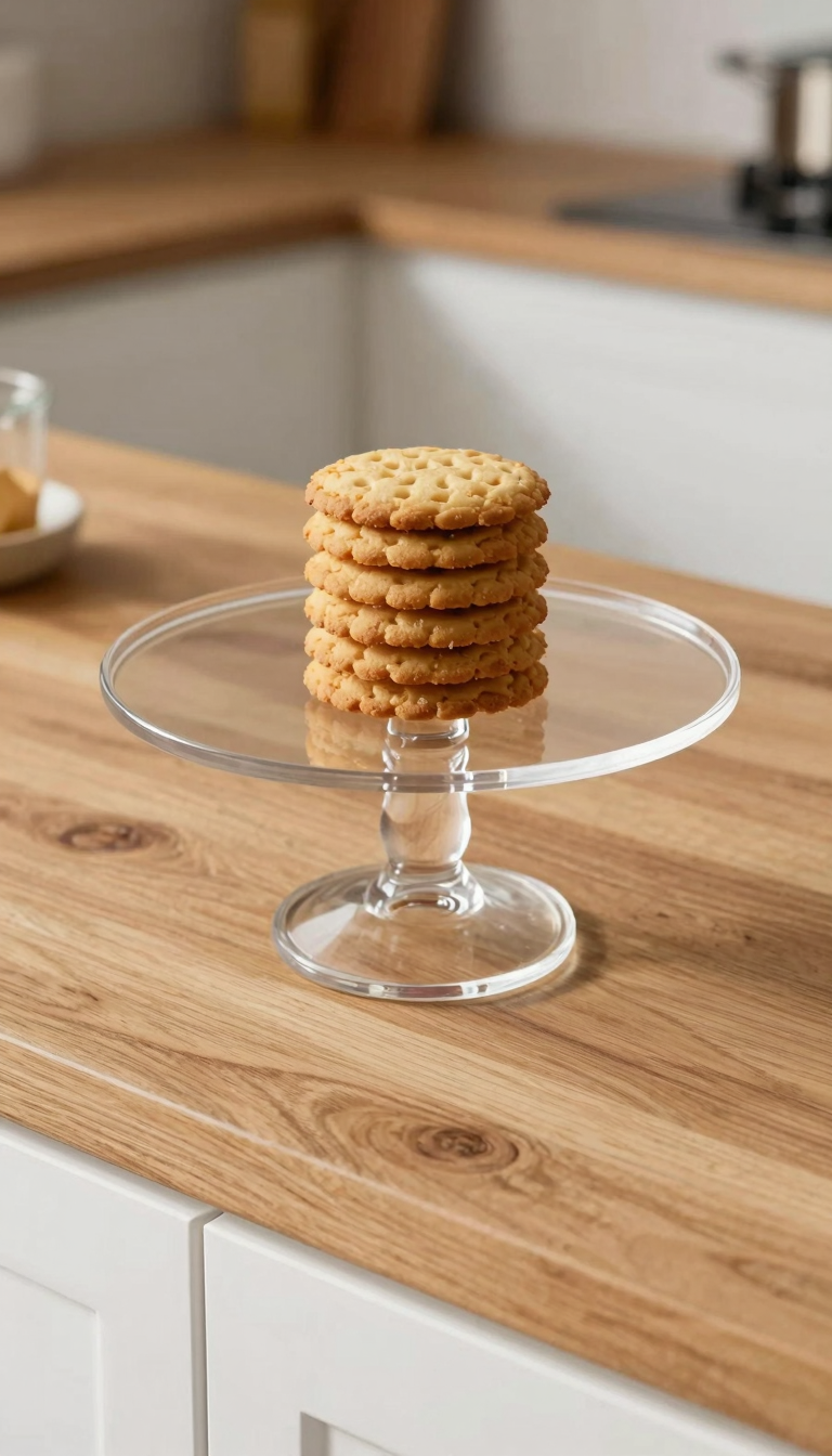 Acrylic cake stand holding a small cake on a wooden kitchen counter