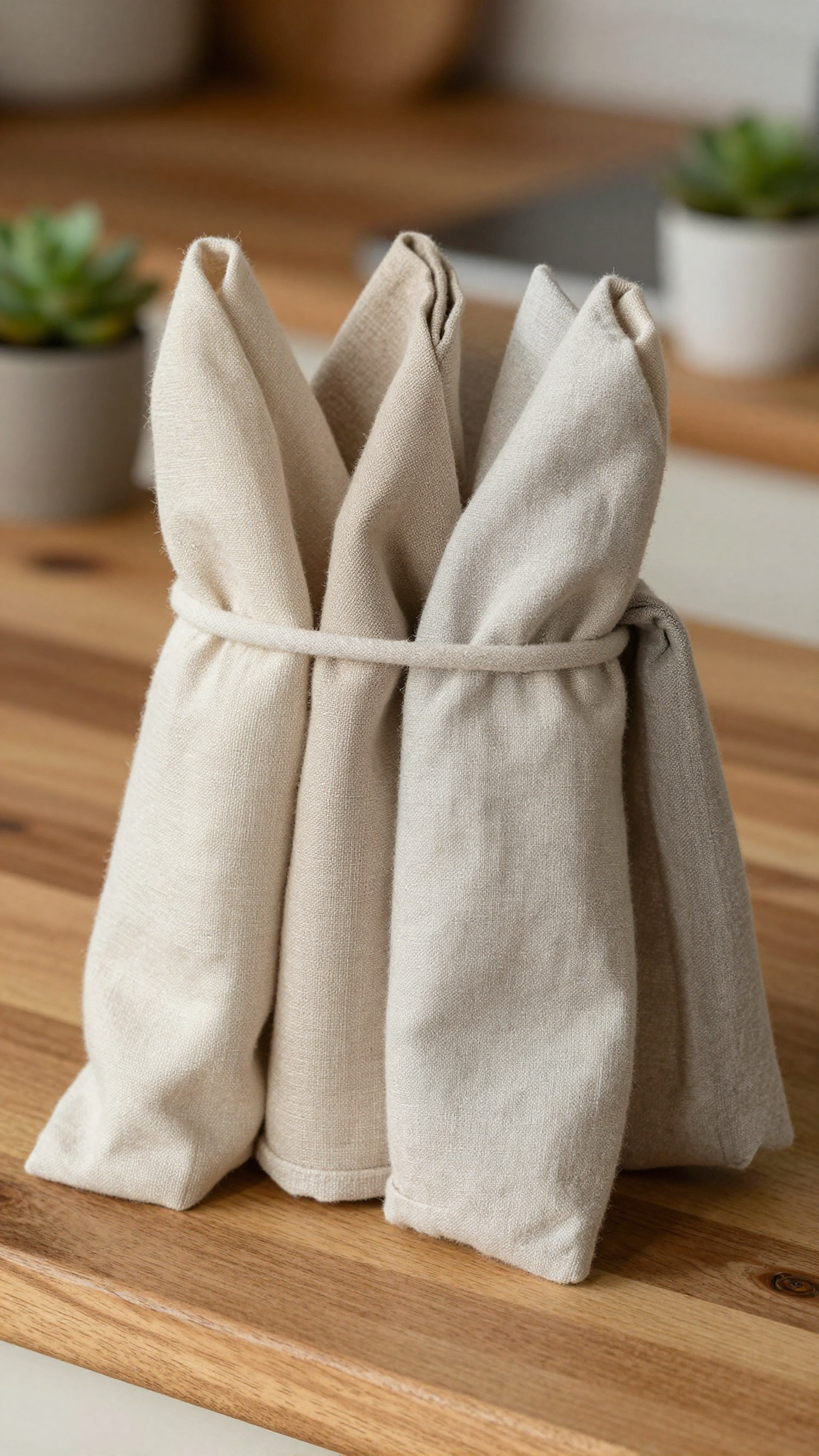 Chunky linen napkin holder holding folded linen napkins on a wooden kitchen counter with a potted succulent in the background