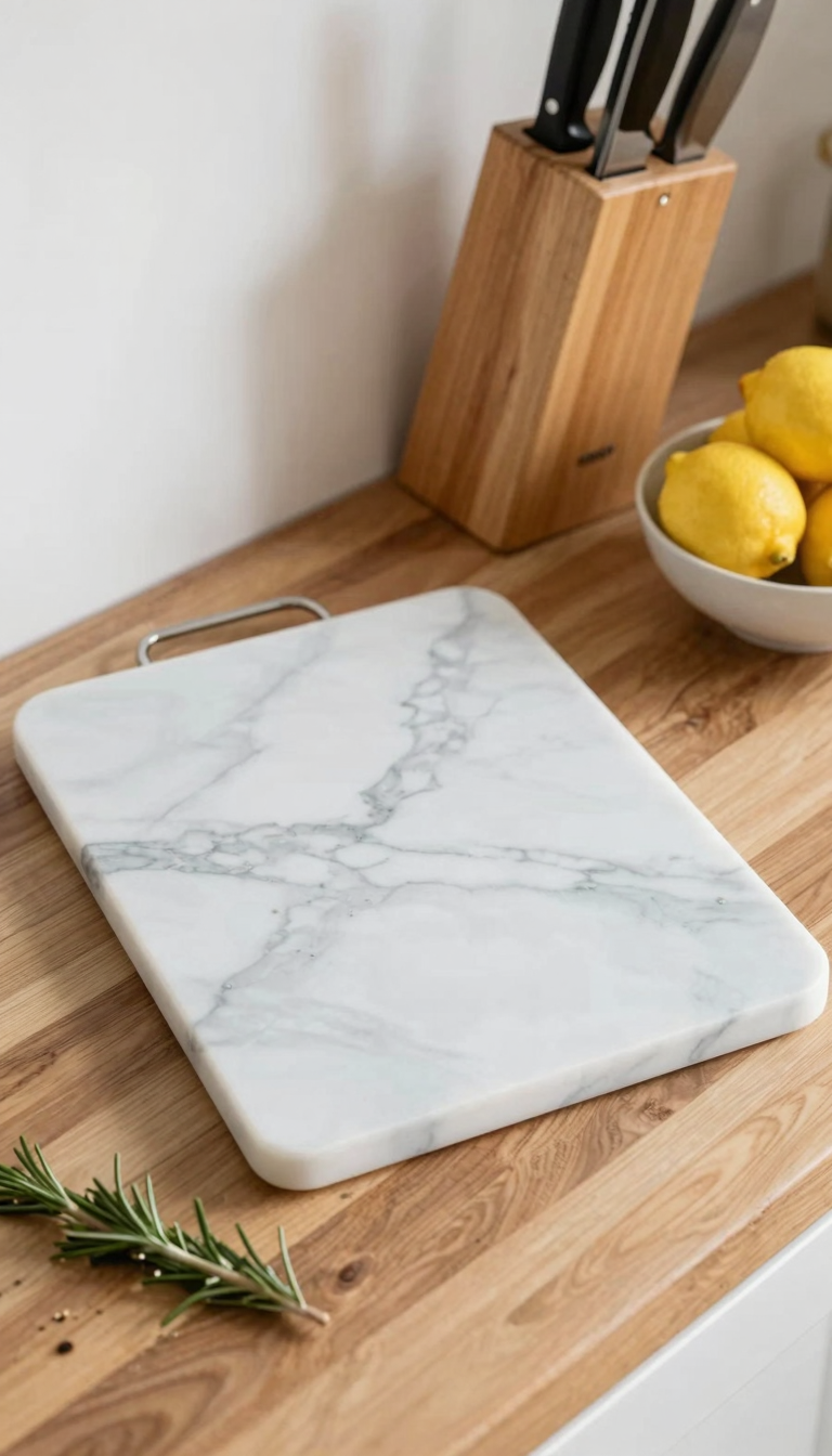 Marble cutting board with gray veining on a wooden kitchen counter next to a knife block and a bowl of lemons