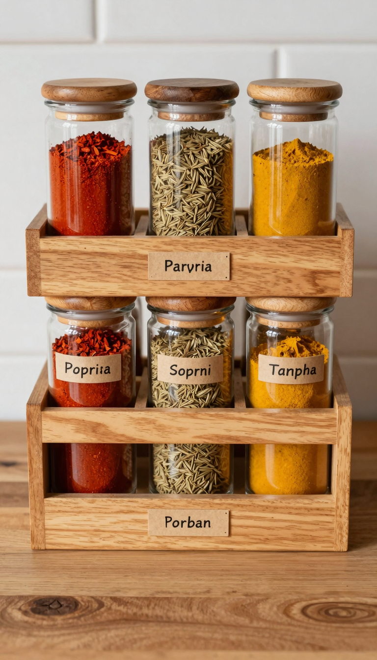 Stackable wooden spice organizers filled with colorful spices on a wooden kitchen counter