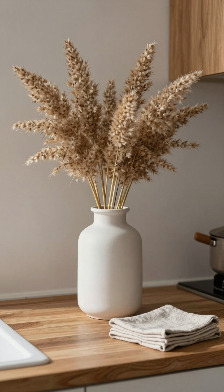 Ceramic vase with dried grasses on a wooden kitchen counter next to a stack of linen napkins