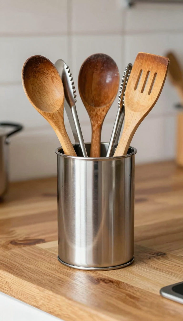 Stainless steel utensil holder filled with wooden utensils on a wooden kitchen counter