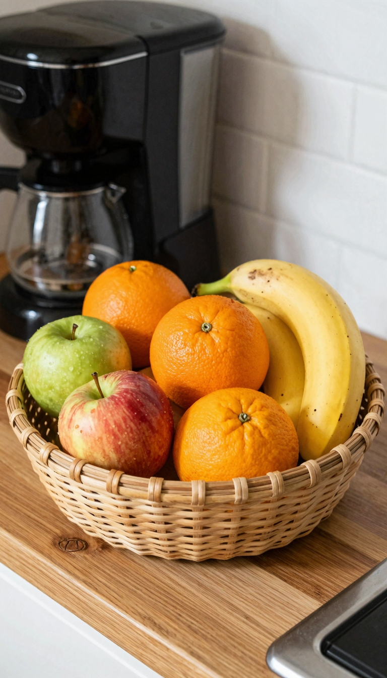Woven basket filled with fresh fruit on a wooden kitchen counter next to a coffee maker