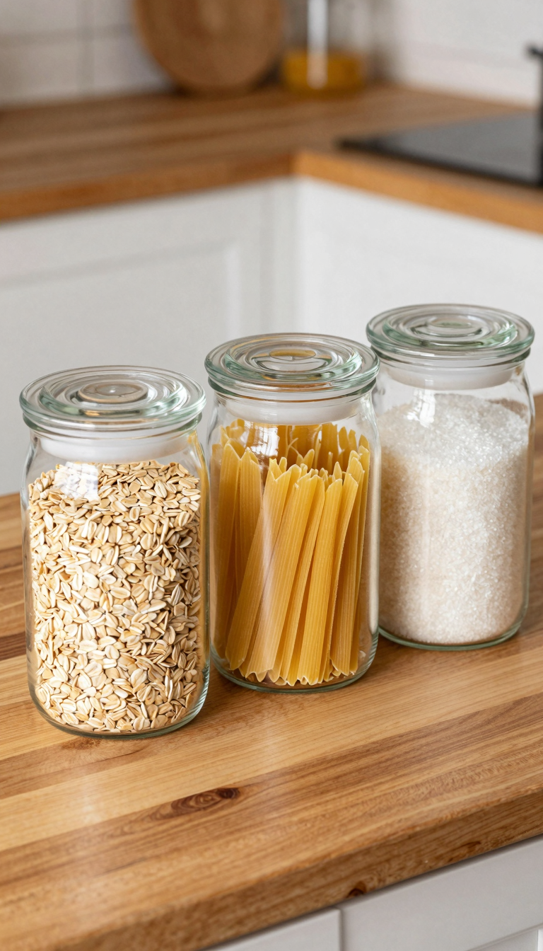 Set of four glass canisters filled with oats, pasta, rice, and sugar on a wooden kitchen counter