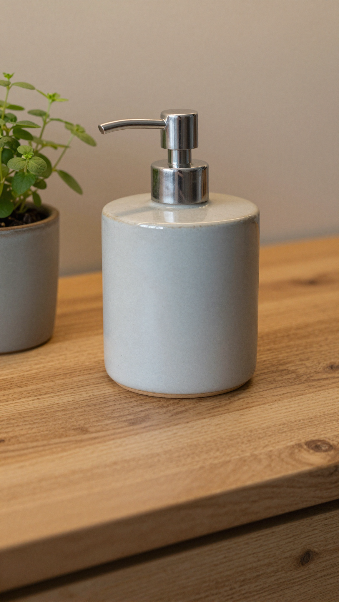 Chunky ceramic soap dispenser with matte finish on a wooden kitchen counter next to a potted herb