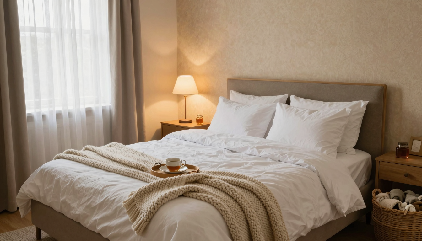 Cozy guest bedroom with warm lighting, crisp white bedding, and a chunky knit throw blanket at the foot of the bed